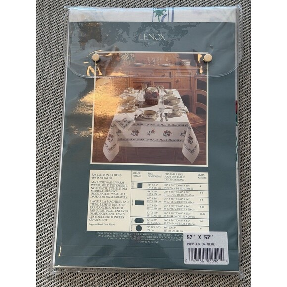 Vintage Lenox POPPIES ON BLUE Tablecloth 54" x 54" Square Fine Table Linen New - Picture 2 of 3